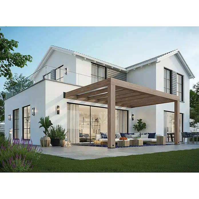 Palram – Canopia Terrassenüberdachung Helsinki - B x T: 470 x 300 cm, Braun, Polycarbonat, Solargrau - Eine moderne Hausfassade mit einer Pergola, die einen schattigen Außenbereich schafft, und eleganten Außenleuchten.