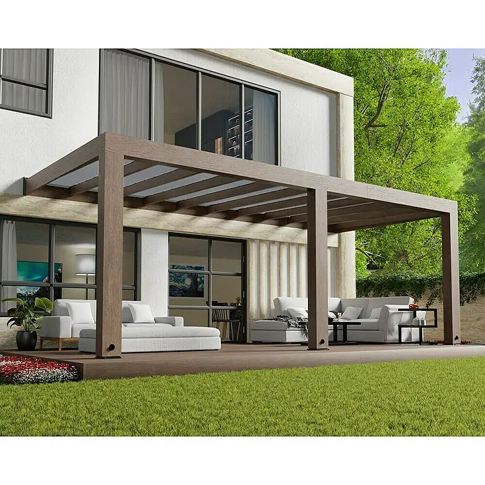 Palram – Canopia Terrassenüberdachung Helsinki - B x T: 665 x 300 cm, Braun, Polycarbonat, Solargrau - Geräumige Terrasse mit stilvoller Pergola, bequemen Lounge-Möbeln und gepflegtem Rasen für entspannte Stunden im Freien.
