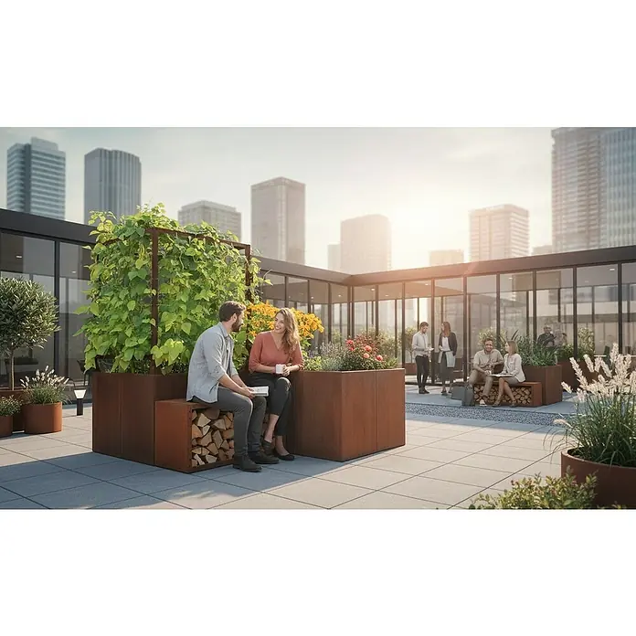 Palatino Hochbeet Urban L-Form - 200 x 200 x 70 cm, Stahl, Rostbraun - Einladender Außenbereich mit Pflanzkästen aus Cortenstahl, die Bänke und üppige Bepflanzung für eine entspannte Atmosphäre bieten.