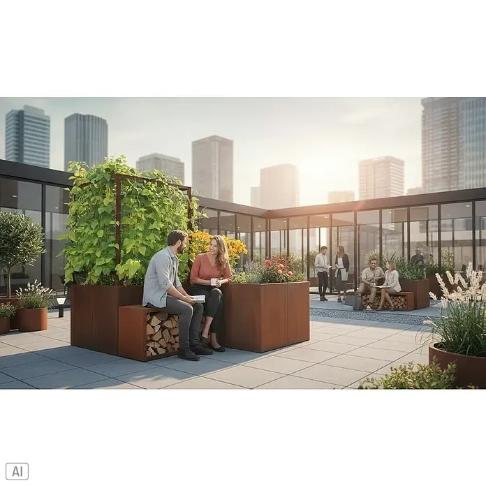 Palatino Hochbeet Urban L-Form - 200 x 200 x 70 cm, Stahl, Rostbraun - Einladender Außenbereich mit Pflanzkästen aus Cortenstahl, die Bänke und üppige Bepflanzung für eine entspannte Atmosphäre bieten.
