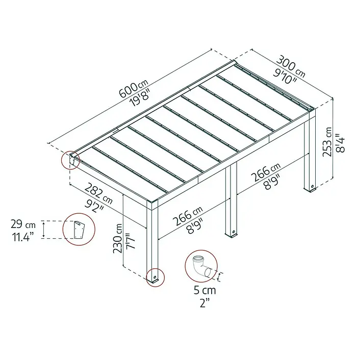 Palram – Canopia Terrassenüberdachung Helsinki - B x T: 600 x 300 cm, Braun, Polycarbonat, Solargrau - Eine schematische Darstellung eines Gartentisches mit den Maßangaben in Zentimetern und Fuß.