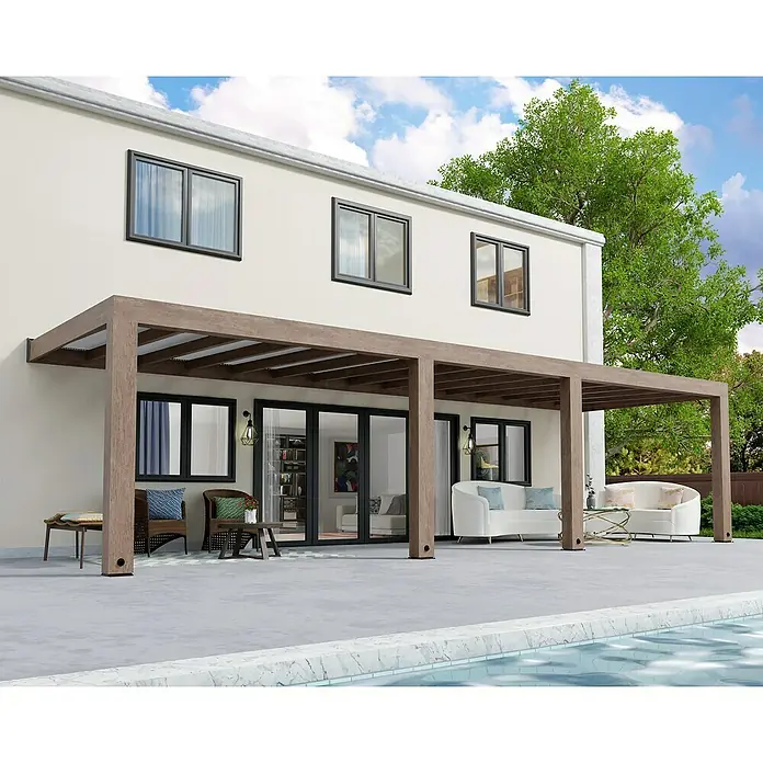 Palram – Canopia Terrassenüberdachung Helsinki - B x T: 990 x 300 cm, Braun, Polycarbonat, Solargrau - Pergola-Design mit Holzstruktur, die einen stilvollen Außenbereich schafft und Schatten spendet. Ideal für Entspannung am Pool.