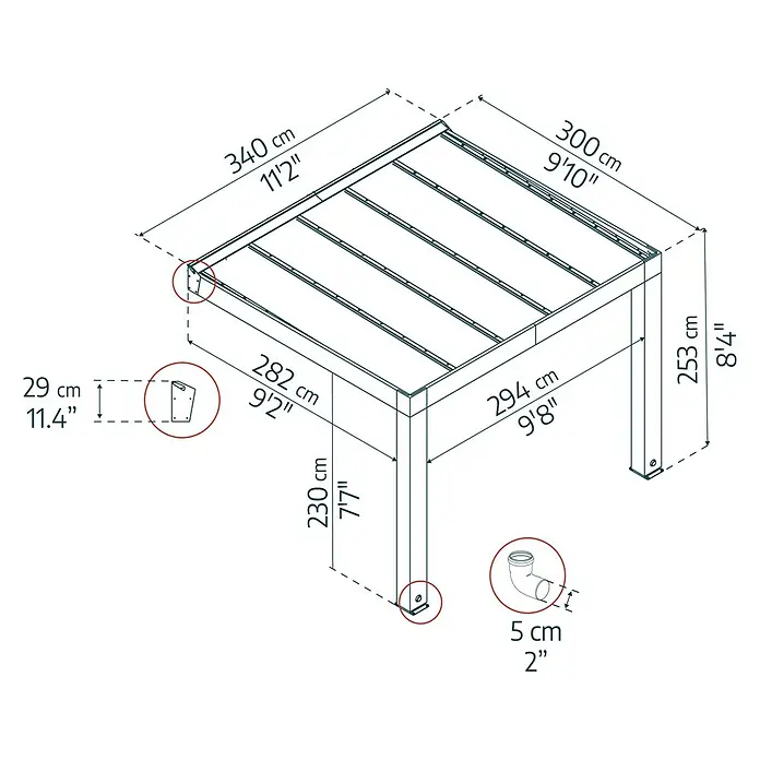 Palram – Canopia Terrassenüberdachung Helsinki - B x T: 340 x 300 cm, Braun, Polycarbonat, Solargrau - Technische Zeichnung eines Pavillons mit Maßangaben in cm und Zoll, die die Abmessungen und Details des Produkts hervorheben.