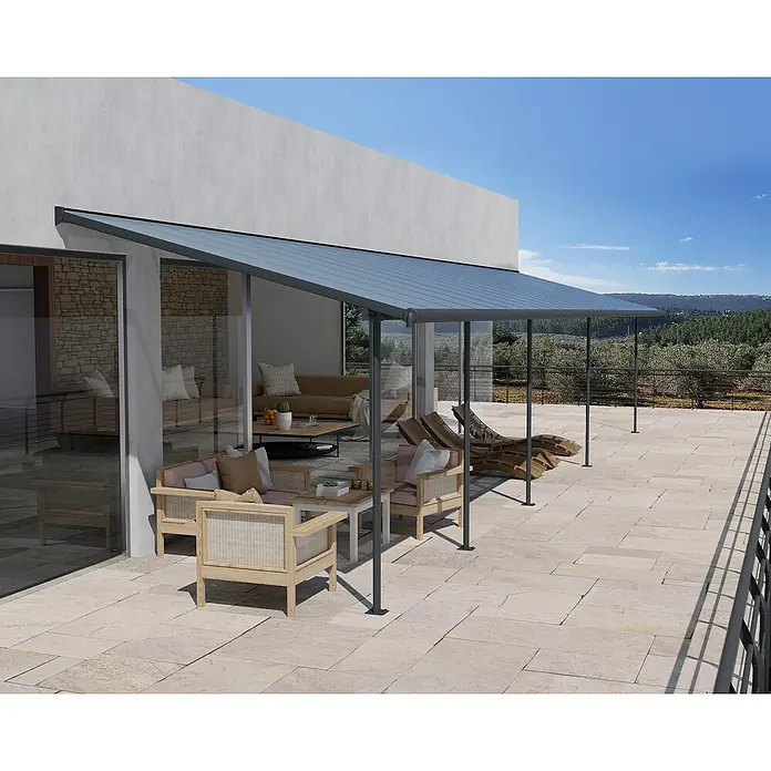 Palram – Canopia Terrassenüberdachung Sierra - B x T: 1.044 x 299 cm, Anthrazitgrau, Polycarbonat, Klar - Einladende Terrassenüberdachung mit stilvollen Gartenmöbeln für entspannte Stunden im Freien. Die Überdachung spendet Schatten und Schutz vor Sonne.