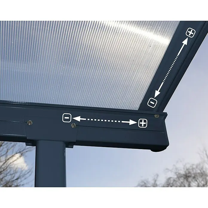 Palram – Canopia Terrassenüberdachung Sierra - B x T: 619 x 299 cm, Anthrazitgrau, Polycarbonat, Klar - Nahaufnahme eines Polycarbonat-Terrassendachs mit Aluminiumrahmen und Darstellung der Ausdehnungspunkte.