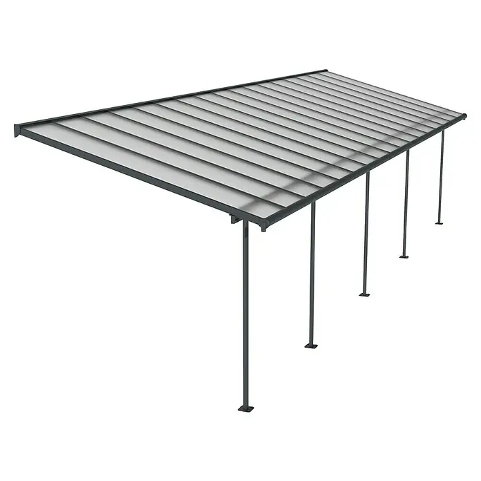Palram – Canopia Terrassenüberdachung Sierra - B x T: 1.044 x 299 cm, Anthrazitgrau, Polycarbonat, Klar - Eine moderne Terrassenüberdachung mit robusten Pfosten und einem stilvollen, schattenspendenden Dach.