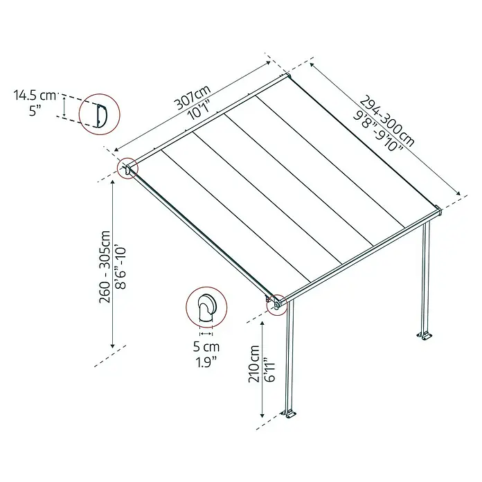 Solid Elements Terrassenüberdachung Martina - B x T: 305 x 300 cm, Verkehrsweiß, Polycarbonat, Transparent - Technische Zeichnung eines Pavillons mit Maßen für Höhe, Breite und Tiefe in Zentimetern und Zoll.
