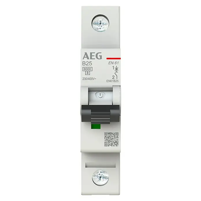 AEG Sicherungsautomat Elfa Plus EN61B25 - Polanzahl: 1 Stk. - Ein AEG B25 Leitungsschutzschalter mit einer Nennspannung von 230/400V~ und einem Schaltvermögen von 6000A.