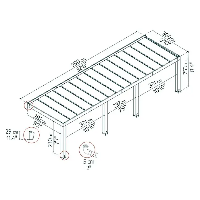Palram – Canopia Terrassenüberdachung Helsinki - B x T: 990 x 300 cm, Braun, Polycarbonat, Solargrau - Eine perspektivische Zeichnung eines Outdoor-Pergolabausatzes mit Maßangaben. Das Bausatz beinhaltet Rahmen, Pfosten und Verstrebungen.