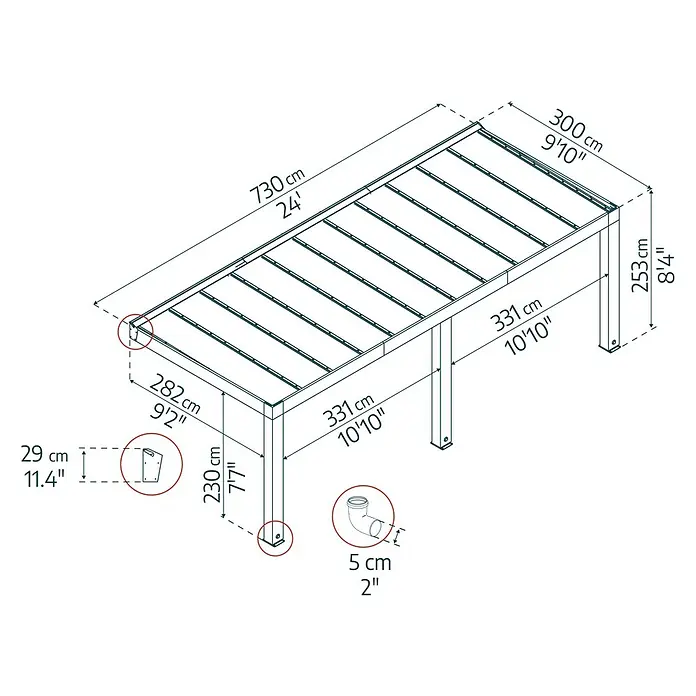 Palram – Canopia Terrassenüberdachung Helsinki - B x T: 730 x 300 cm, Braun, Polycarbonat, Solargrau - Eine perspektivische Darstellung eines Gartenschuppens mit Maßangaben für Länge, Breite und Höhe in Zentimetern und Fuß.
