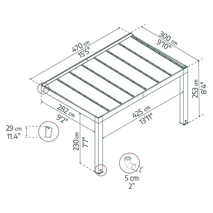 Palram – Canopia Terrassenüberdachung Helsinki - B x T: 470 x 300 cm, Braun, Polycarbonat, Solargrau - Technische Zeichnung eines modernen Terrassendachs mit Maßangaben in Zentimetern und Zoll für präzise Planung.