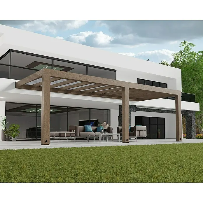 Palram – Canopia Terrassenüberdachung Helsinki - B x T: 730 x 300 cm, Braun, Polycarbonat, Solargrau - Einladende Pergola mit Sitzbereich im Außenbereich eines modernen Hauses mit Rasenfläche.