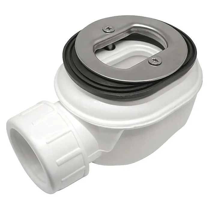 Duplach Plato de ducha Smart - L x An: 80 x 80 cm, Material compuesto, Crema - Primer plano detallado de un desagüe de ducha blanco con anillo de acero inoxidable y tornillos.