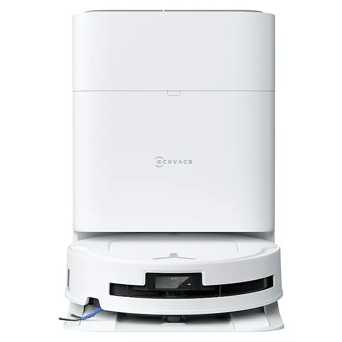 Ecovacs Saugwischroboter Deebot T80 Omni - Saugkraft: 18.000 Pa, Akkulaufzeit: 297 min, Fassungsvermögen Roboter: 220 ml - Das Bild zeigt einen weißen Ecovacs-Saugroboter mit Reinigungsstation, der für die automatische Reinigung von Böden konzipiert ist.