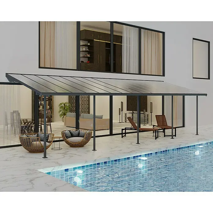 Palram – Canopia Terrassenüberdachung Sierra - B x T: 924 x 299 cm, Anthrazitgrau, Polycarbonat, Klar - Die stilvolle Terrassenüberdachung bietet Schatten am Pool. Sie ist modern und schützt vor Sonne, ideal für entspannte Stunden im Freien.