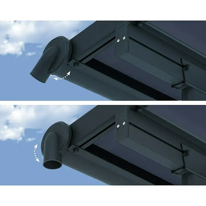 Palram – Canopia Terrassenüberdachung Capri - B x T: 739 x 299 cm, Anthrazitgrau, Polycarbonat, Grau - Nahaufnahme des verstellbaren Entwässerungssystems einer Terrassenüberdachung mit verschiedenen Ausrichtungsmöglichkeiten.