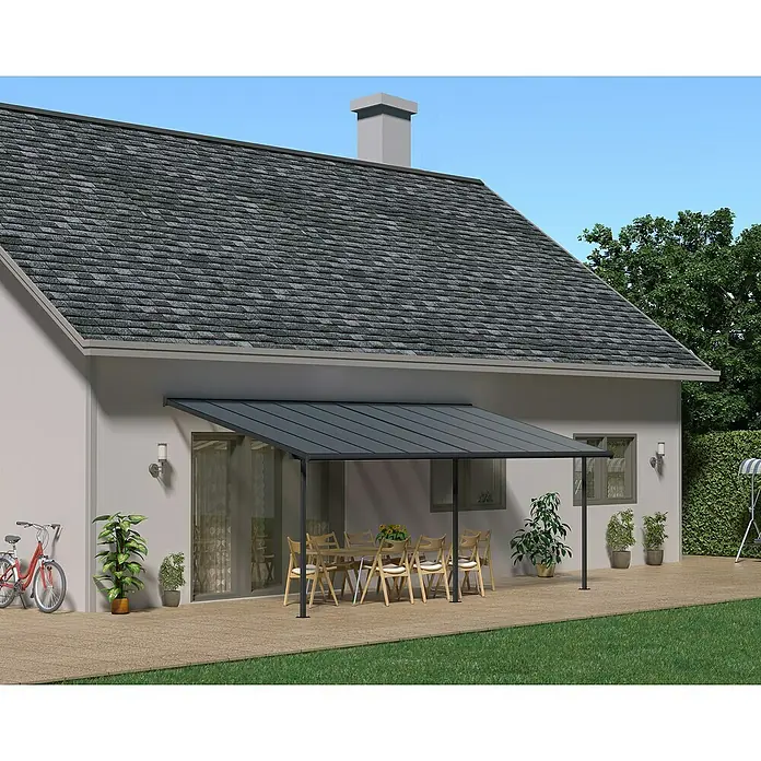Palram – Canopia Terrassenüberdachung Capri - B x T: 619 x 299 cm, Anthrazitgrau, Polycarbonat, Grau - Bild eines modernen Terrassendachs mit Tisch und Stühlen darunter, ideal für Mahlzeiten im Freien und zum Entspannen.