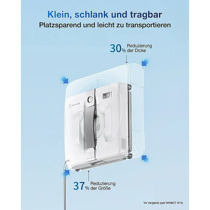 Ecovacs Fensterreinigungsroboter Winbot Mini Grey - Wassertankvolumen Roboter: 60 ml, Saugkraft: 7.500 Pa - Das Bild zeigt den Ecovacs Fensterputzroboter, der klein, schlank und leicht zu transportieren ist.