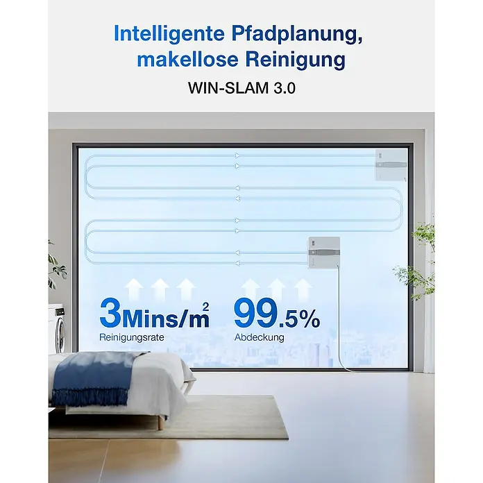 Ecovacs Fensterreinigungsroboter Winbot Mini Grey - Wassertankvolumen Roboter: 60 ml, Saugkraft: 7.500 Pa - Das Bild zeigt einen Fensterputzroboter in Aktion, der mit intelligenter Pfadplanung und WIN-SLAM 3.0 für makellose Sauberkeit sorgt.