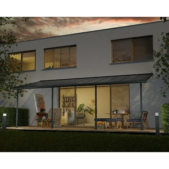 Palram – Canopia Terrassenüberdachung Capri - B x T: 739 x 299 cm, Anthrazitgrau, Polycarbonat, Grau - Eine moderne Terrassenüberdachung aus dunklem Metall bietet Schutz und erweitert den Wohnraum im Freien mit gemütlicher Sitzecke und Kunstatelier.