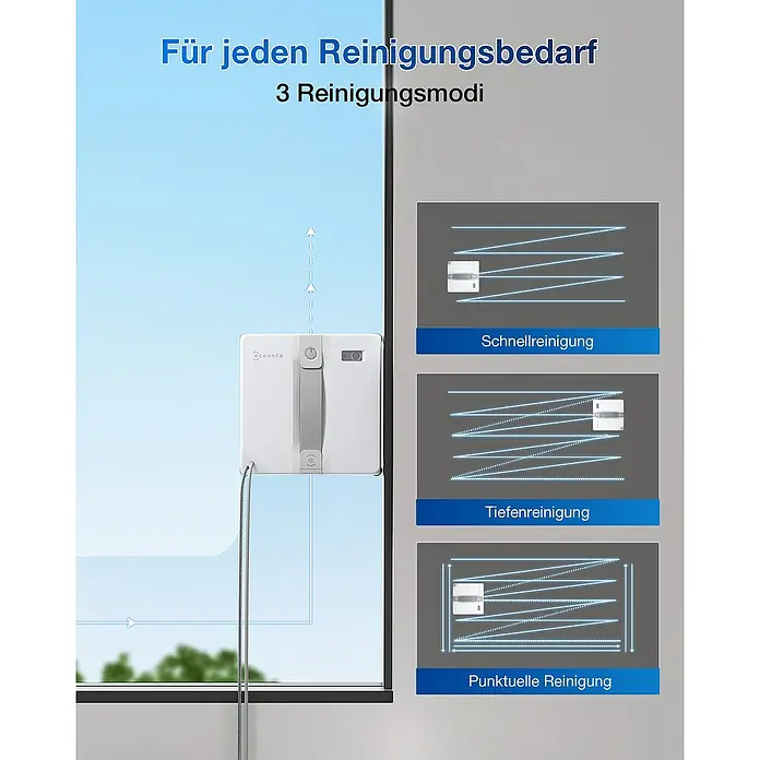 Ecovacs Fensterreinigungsroboter Winbot Mini Grey - Wassertankvolumen Roboter: 60 ml, Saugkraft: 7.500 Pa - Fensterputzroboter mit verschiedenen Reinigungsmodi für jeden Bedarf, dargestellt auf einem Fenster.