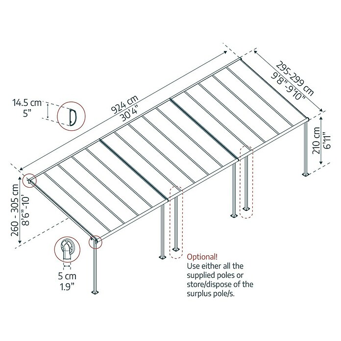 Palram – Canopia Terrassenüberdachung Capri (B x T: 924 x 299 cm, Anthrazit, Polycarbonat, Klar) | BAUHAUS