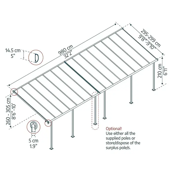 Palram – Canopia Terrassenüberdachung Sierra - B x T: 980 x 299 cm, Anthrazitgrau, Polycarbonat, Klar - Abbildung einer Terrassenüberdachung mit Maßangaben zu Höhe, Länge und Details wie Durchmesser der Pfosten und Abstand.