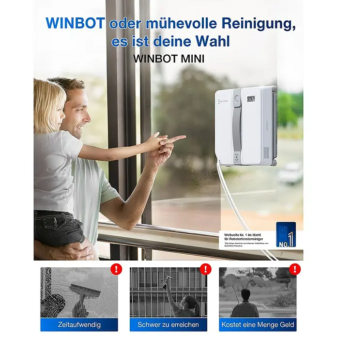 Ecovacs Fensterreinigungsroboter Winbot Mini Grey - Wassertankvolumen Roboter: 60 ml, Saugkraft: 7.500 Pa - Das Bild zeigt einen WINBOT MINI Fensterreinigungsroboter, eine innovative Lösung für mühelose Fensterreinigung.