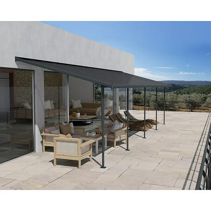 Palram – Canopia Terrassenüberdachung Capri - B x T: 860 x 299 cm, Anthrazitgrau, Polycarbonat, Grau - Überdachte Terrasse mit modernem Design, ideal zum Entspannen im Freien. Die schattenspendende Konstruktion bietet Komfort und Schutz vor Sonne.