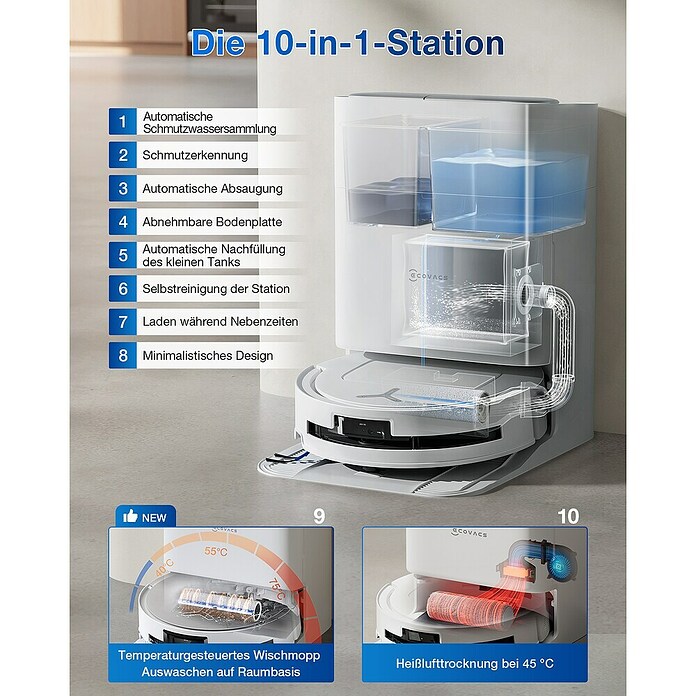 Ecovacs Robot aspirador con mopa Deebot T80 Omni (Potencia de aspiración: 18.000 Pa, Duración de la batería: 297 min, Capacidad del robot: 220 ml) | BAUHAUS