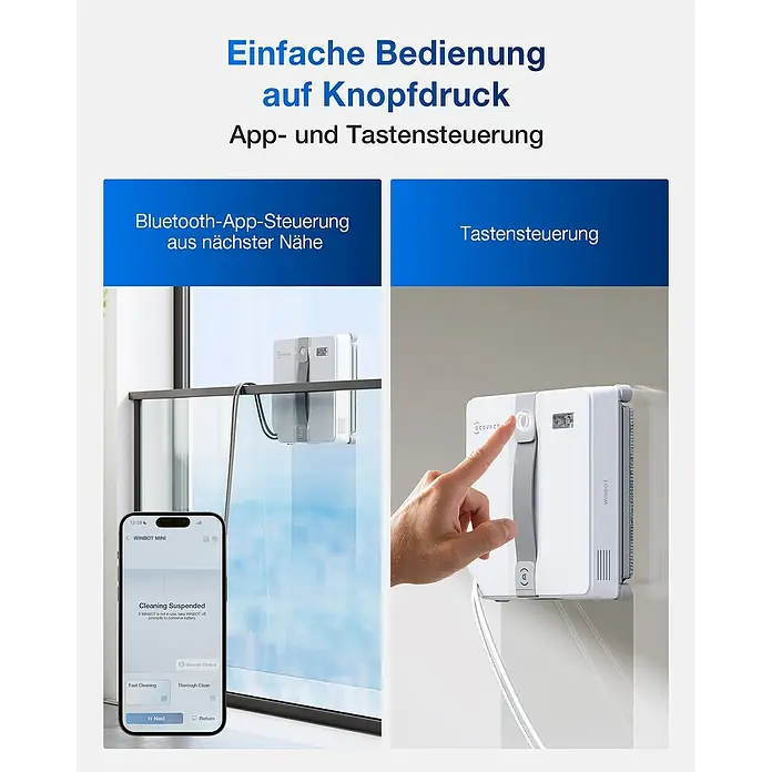 Ecovacs Fensterreinigungsroboter Winbot Mini Grey - Wassertankvolumen Roboter: 60 ml, Saugkraft: 7.500 Pa - Winbot Fensterputzroboter mit App- und Tastensteuerung. Einfache Bedienung für streifenfreie Fenster und müheloses Putzen, bequem von zu Hause aus.