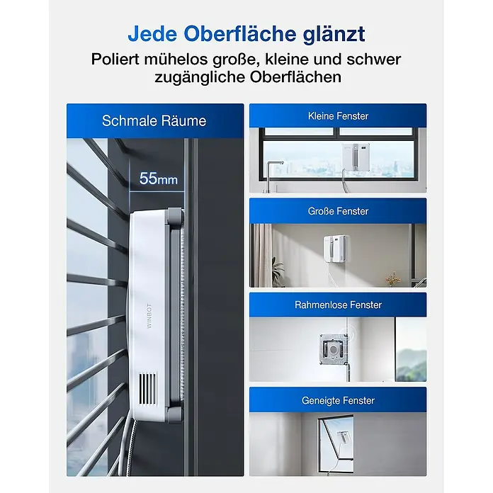 Ecovacs Fensterreinigungsroboter Winbot Mini Grey - Wassertankvolumen Roboter: 60 ml, Saugkraft: 7.500 Pa - Winbot Fensterputzroboter, geeignet für schmale Räume, kleine, große, rahmenlose und geneigte Fenster.