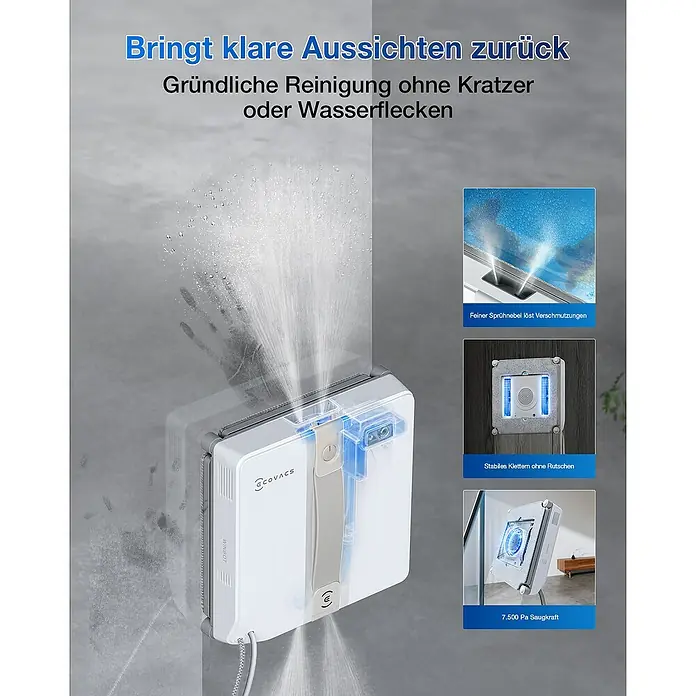 Ecovacs Fensterreinigungsroboter Winbot Mini Grey - Wassertankvolumen Roboter: 60 ml, Saugkraft: 7.500 Pa - Intelligenter Fensterputzroboter ECOVACS sorgt für klare Sicht ohne Kratzer und Wasserflecken. Gründliche Reinigung mit feinem Sprühnebel.