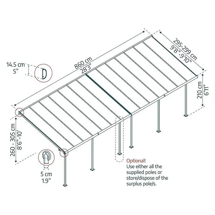 Palram – Canopia Terrassenüberdachung Sierra - B x T: 860 x 299 cm, Anthrazitgrau, Polycarbonat, Klar - Technische Zeichnung einer Terrassenüberdachung mit Maßangaben zu Länge, Breite, Höhe und Detailansichten.