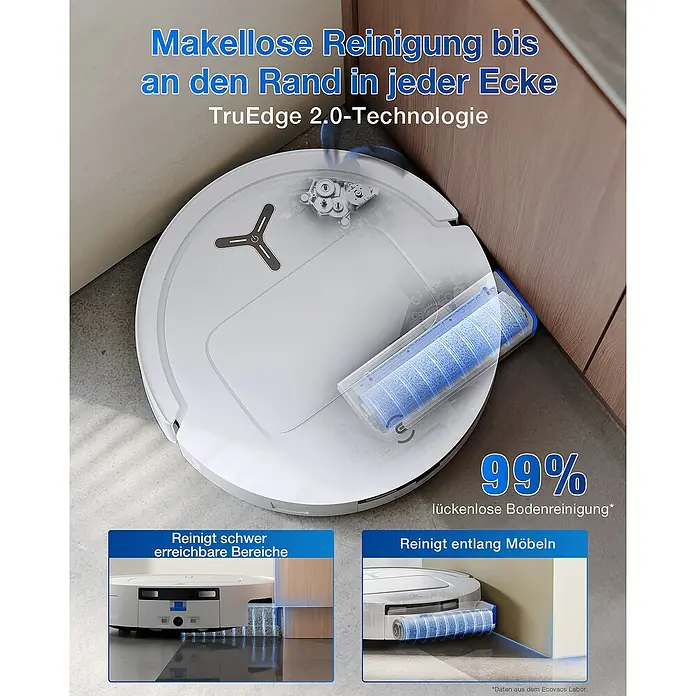 Ecovacs Saugwischroboter Deebot T80 Omni - Saugkraft: 18.000 Pa, Akkulaufzeit: 297 min, Fassungsvermögen Roboter: 220 ml - Intelligenter Staubsauger-Roboter mit TruEdge 2.0-Technologie für makellose Reinigung bis in jede Ecke und entlang Möbel.