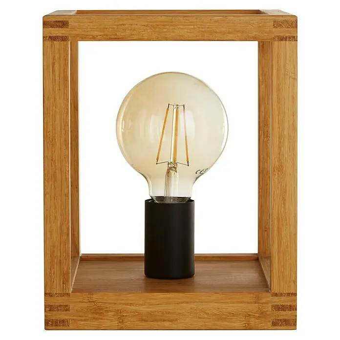 Searchlight Tischleuchte Square - 60 W, L x B x H: 25 x 20 x 25 cm, Braun, E27 - Nahaufnahme einer dekorativen Glühbirne in einem Holzrahmen. Die Lampe strahlt ein warmes Licht aus und sorgt für eine gemütliche Atmosphäre.