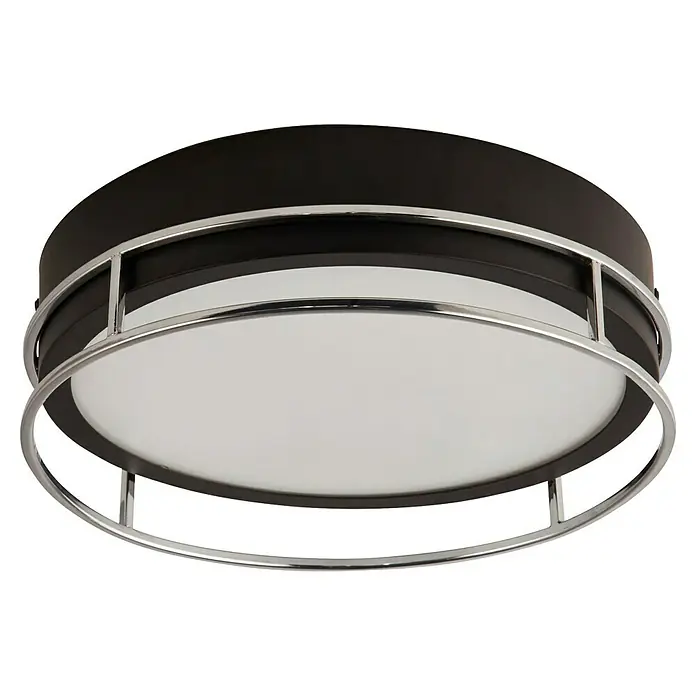 Searchlight Deckenleuchte rund Phoenix - 60 W, Ø x H: 30 x 9,5 cm, Schwarz/ Chrom - Eine runde Deckenleuchte mit schwarzem Gehäuse und einem Chromrahmen, die ein helles, diffuses Licht spendet.