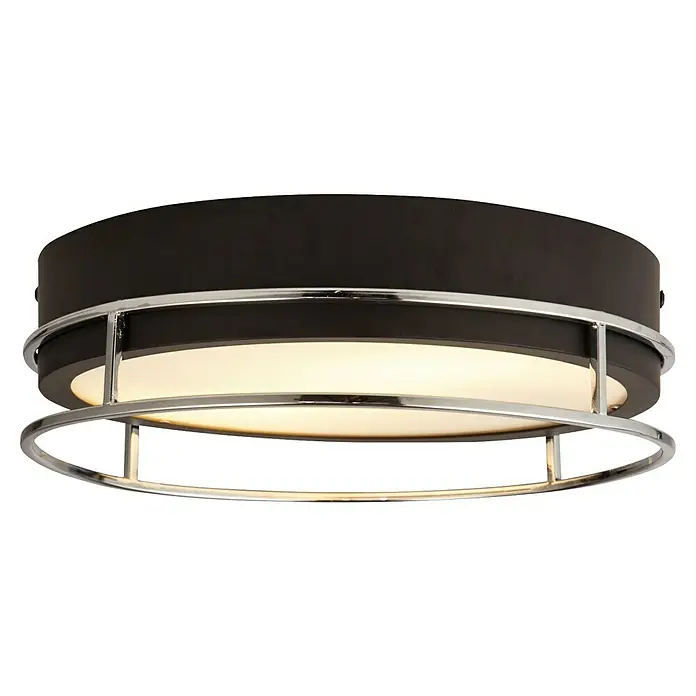 Searchlight Deckenleuchte rund Phoenix - 60 W, Ø x H: 30 x 9,5 cm, Schwarz/ Chrom - Diese Deckenleuchte besticht durch ihr modernes Design mit einem dunklen Lampenschirm und Chromdetails, die eine elegante Note verleihen.
