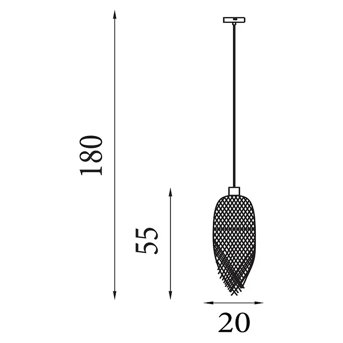 Searchlight Pendelleuchte Bali - 60 W, Braun, E27, Durchmesser: 20 cm - Abbildung einer hängenden Lampe mit den Maßen 180 cm Höhe, 55 cm Lampenhöhe und 20 cm Lampenbreite, präsentiert in technischer Zeichnung.