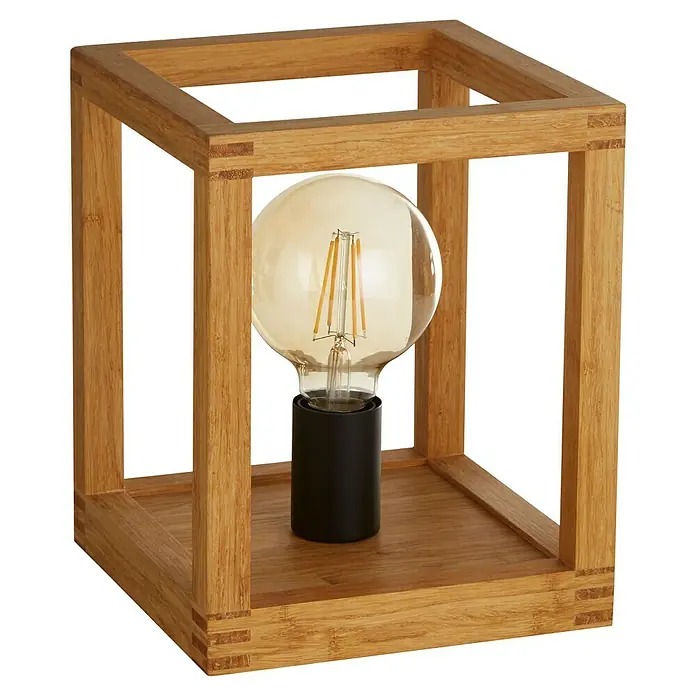 Searchlight Tischleuchte Square - 60 W, L x B x H: 25 x 20 x 25 cm, Braun, E27 - Eine quadratische Tischleuchte aus Holz mit einer Vintage-Glühbirne sorgt für stimmungsvolles Licht. Perfekt als Deko-Element.