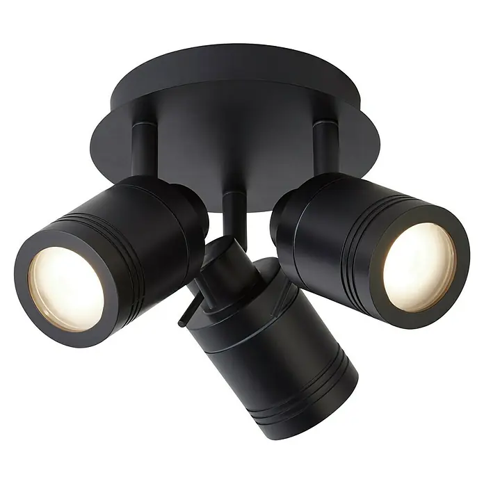 Searchlight LED-Deckenstrahler Samson - 10 W, L x B x H: 28 x 28 x 16 cm, Schwarz - Nahaufnahme einer schwarzen Deckenleuchte mit drei verstellbaren Strahlern, die warmes Licht abgeben und eine moderne Ästhetik bieten.
