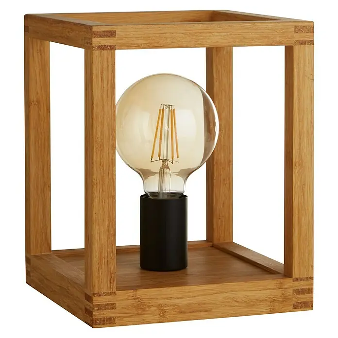 Searchlight Tischleuchte Square - 60 W, L x B x H: 25 x 20 x 25 cm, Braun, E27 - Nahaufnahme einer dekorativen Tischleuchte mit einem Rahmen aus Bambusholz und einer großen Glühbirne.