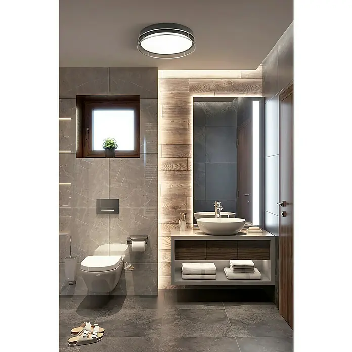 Searchlight Deckenleuchte rund Phoenix - 60 W, Ø x H: 30 x 9,5 cm, Schwarz/ Chrom - Badezimmer-Interieur mit einer modernen Deckenleuchte, die für helles und gleichmäßiges Licht sorgt. Elegantes Design für stilvolle Badezimmer.