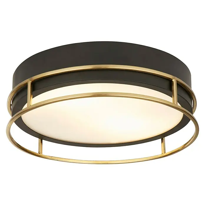 Searchlight Deckenleuchte rund Phoenix - 60 W, Ø x H: 30 x 9,5 cm, Schwarz/ Gold - Diese Nahaufnahme zeigt eine moderne Deckenleuchte mit einem schwarzen Rahmen und goldenen Akzenten, die ein warmes, einladendes Licht ausstrahlt.