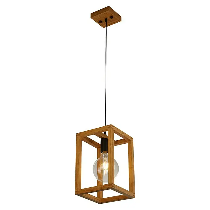 Searchlight Pendelleuchte Square - 60 W, 20 x 20 x 120 cm, Braun/ Schwarz - Eine Pendelleuchte aus Holz mit einer Edison-Glühbirne im Inneren, die ein warmes Licht ausstrahlt. Sie hat ein modernes und industrielles Design.