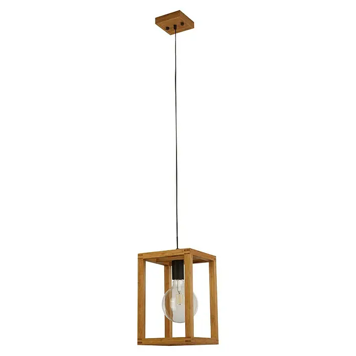 Searchlight Pendelleuchte Square - 60 W, 20 x 20 x 120 cm, Braun/ Schwarz - Eine moderne Pendelleuchte mit einem Holzrahmen und einer Edison-Glühbirne. Sie sorgt für stimmungsvolles Licht im Raum.