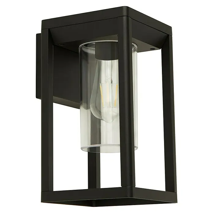 Searchlight Außenwandleuchte Atlanta - 15 W, 16,5 x 15 x 27 cm, Schwarz, IP44 - Schwarze Außenwandleuchte mit klarem Glaszylinder und Edison-Glühbirne für einen modernen Look. Ideal für den Eingangsbereich.