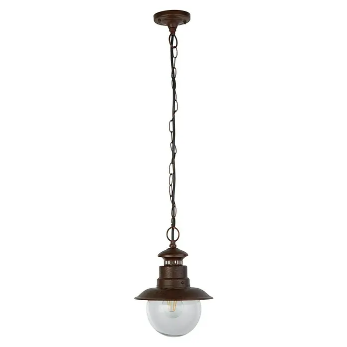 Searchlight Station Pendelleuchte - 60 W, L x B x H: 21,5 x 21,5 x 86 cm - Eine braune Hängelampe mit einer transparenten Glaskugel und einer Kette, die von der Decke hängt.