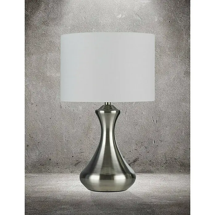 Searchlight Tischleuchte rund Touch - 60 W, 24 x 24 x 40 cm, Silber, E14 - Elegante Tischleuchte mit gebürstetem Metallsockel und weißem Lampenschirm, perfekt für stilvolle Beleuchtung und eine wohnliche Atmosphäre.