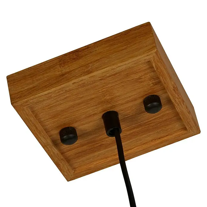Searchlight Pendelleuchte Square - 60 W, 20 x 20 x 120 cm, Braun/ Schwarz - Nahaufnahme der Holzdeckenhalterung für eine Pendelleuchte. Das Design ist quadratisch mit sichtbarer Holzmaserung und schwarzen Befestigungen.